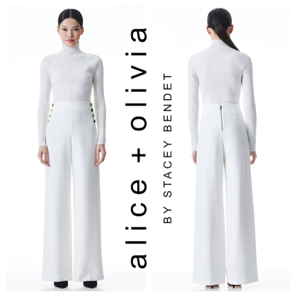 NWOT Alice + Olivia Ray High Rise Button Front Off White Sailor Long Pant